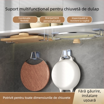 Suport suspendat multifuncțional pentru capace de oale și tocător – organizare în bucătărie pe perete
