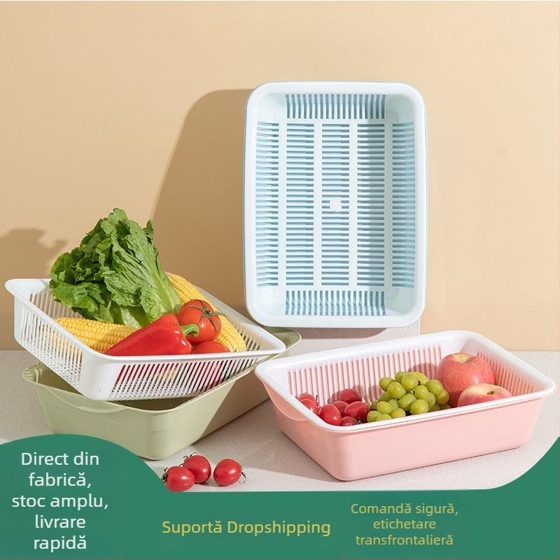 Coș de scurgere dublu nivel pentru bucătărie, bazin dreptunghiular din plastic, spațiu de depozitare, decupaje pătrate, design minimalist modern