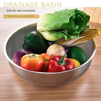 Coș de drenaj din oțel inoxidabil, 31,5 cm, găuri dense, bazin multifuncțional pentru spălat legume, fructe și orez