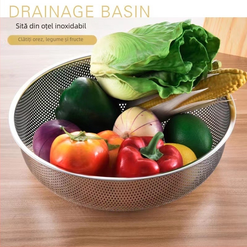 Coș de drenaj din oțel inoxidabil, 31,5 cm, găuri dense, bazin multifuncțional pentru spălat legume, fructe și orez