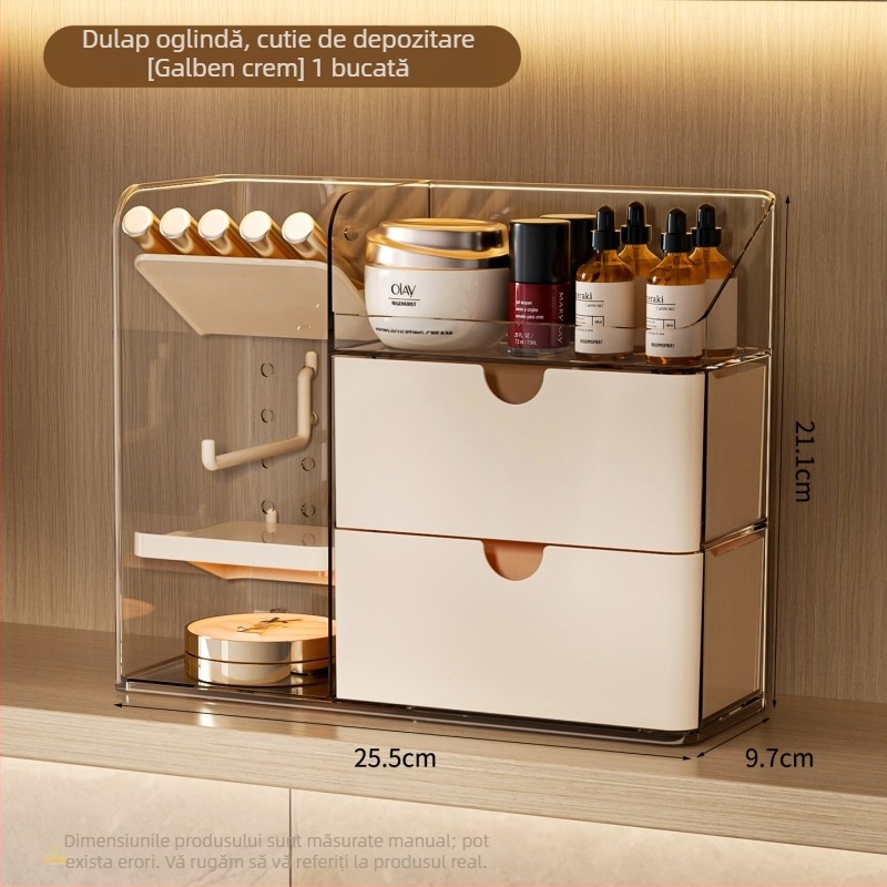 Dulap oglindă de baie cu compartimente și sertar, capacitate mare pentru depozitare de produse cosmetice pe birou