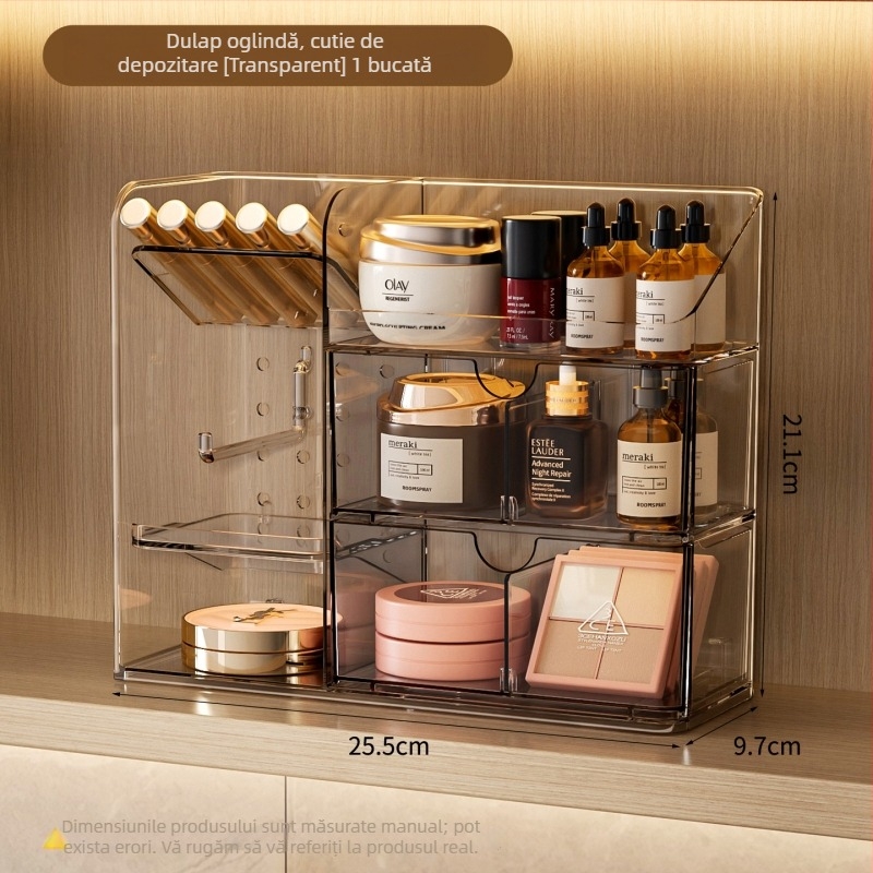 Dulap oglindă de baie cu compartimente și sertar, capacitate mare pentru depozitare de produse cosmetice pe birou