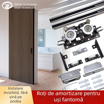 Sistem glisant cu șină invizibilă pentru despărțire dormitor–bucătărie — ușă din lemn cu ansamblu complet de accesorii