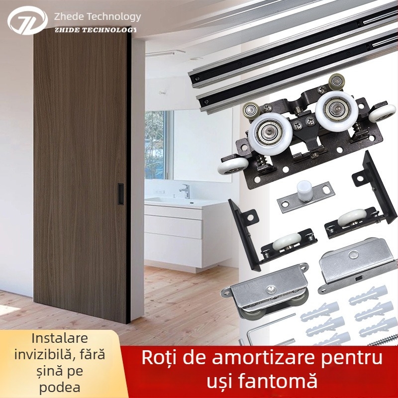 Sistem glisant cu șină invizibilă pentru despărțire dormitor–bucătărie — ușă din lemn cu ansamblu complet de accesorii