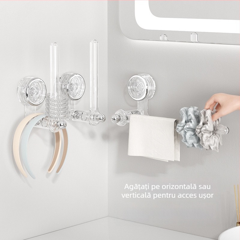 Raft rotativ pentru accesorii de păr și bijuterii, cu ventuză, montare pe perete