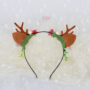 Diademă de Crăciun cu coarne de cerb și urechi pufoase, stil pădure, pentru adulți și copii, accesoriu drăguț pentru petreceri