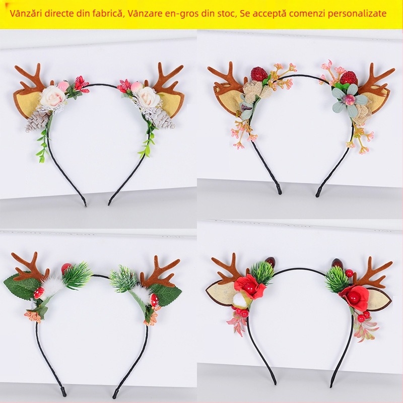 Diademă de Crăciun cu coarne de cerb și urechi pufoase, stil pădure, pentru adulți și copii, accesoriu drăguț pentru petreceri