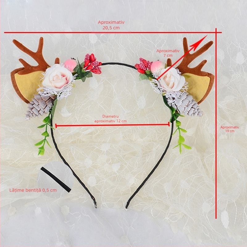 Diademă de Crăciun cu coarne de cerb și urechi pufoase, stil pădure, pentru adulți și copii, accesoriu drăguț pentru petreceri