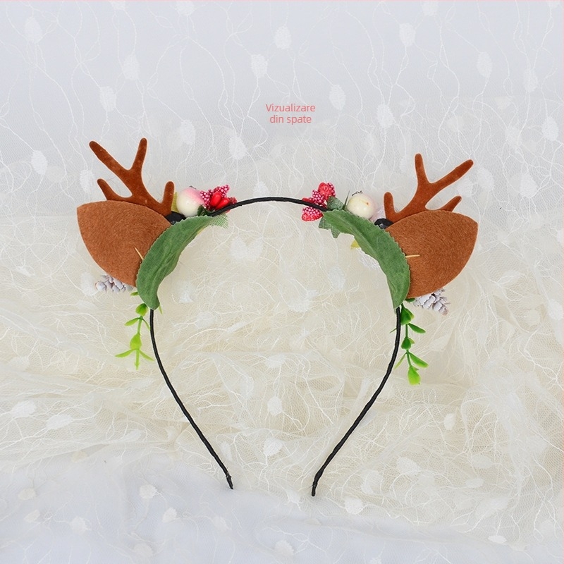 Diademă de Crăciun cu coarne de cerb și urechi pufoase, stil pădure, pentru adulți și copii, accesoriu drăguț pentru petreceri