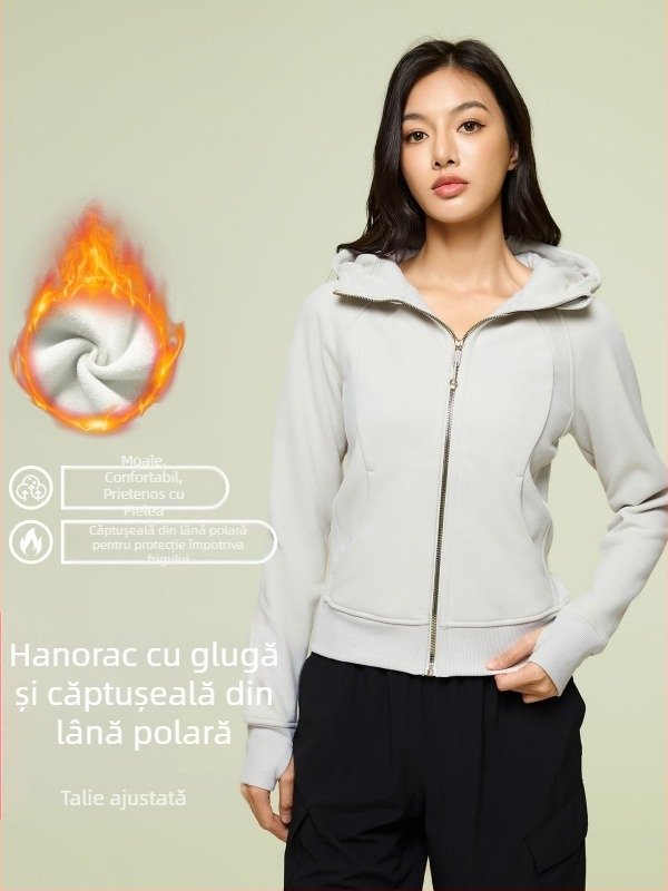 Hanorac cu glugă pentru femei, toamnă-iarnă, căptușit cu fleece, cu guler înalt, rezistent la vânt, potrivit pentru fitness și yoga