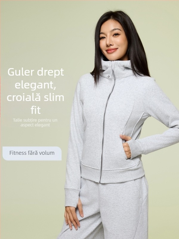 Hanorac cu glugă pentru femei, toamnă-iarnă, căptușit cu fleece, cu guler înalt, rezistent la vânt, potrivit pentru fitness și yoga