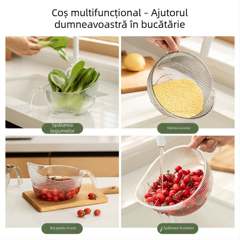 Coș transparent de bucătărie pentru spălat legume și fructe, coș de drenaj multifuncțional, dimensiuni 28×19,5×13 cm