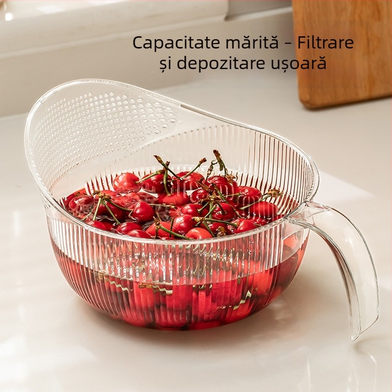Coș transparent de bucătărie pentru spălat legume și fructe, coș de drenaj multifuncțional, dimensiuni 28×19,5×13 cm