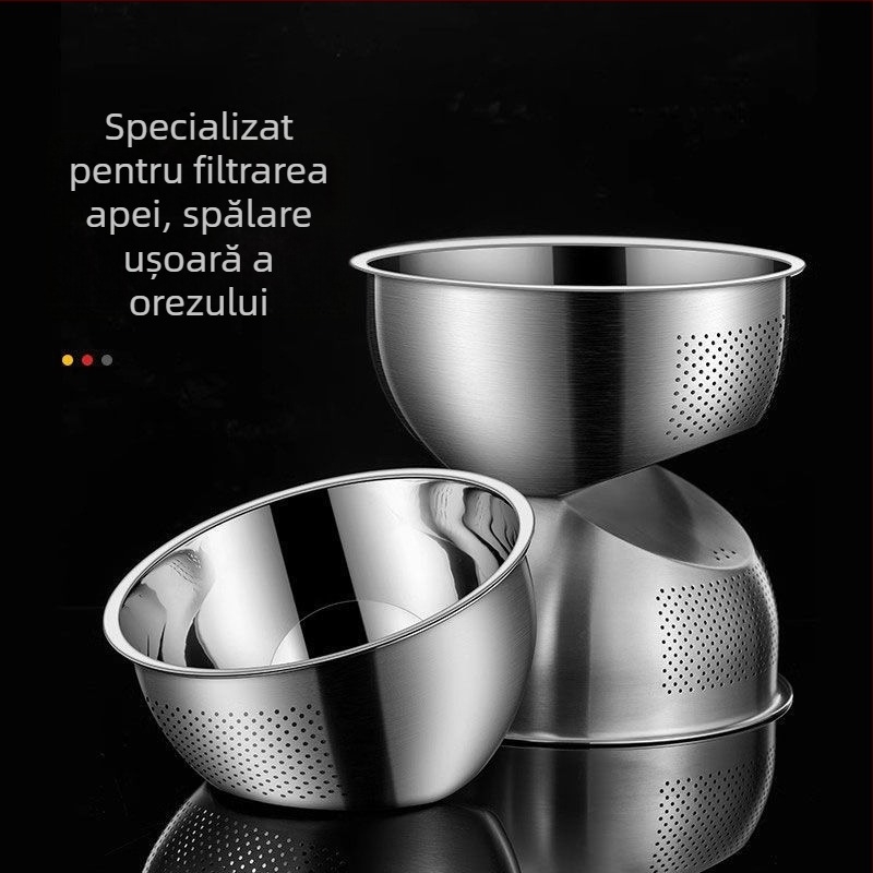 Vas de bucătărie din oțel inoxidabil, grosime extra, pentru spălat orez, legume și fructe; sită și coș de scurgere multifuncțional