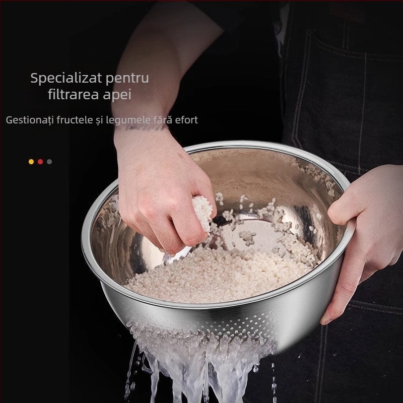 Vas de bucătărie din oțel inoxidabil, grosime extra, pentru spălat orez, legume și fructe; sită și coș de scurgere multifuncțional