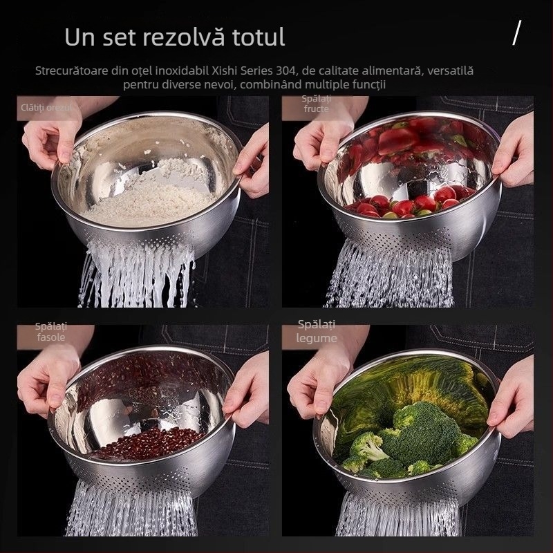 Vas de bucătărie din oțel inoxidabil, grosime extra, pentru spălat orez, legume și fructe; sită și coș de scurgere multifuncțional