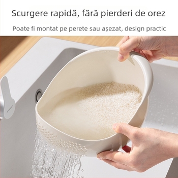 Coș dublu pentru spălarea și scurgerea orezului, cu găuri fine, ABS plastic, design modern pentru blat