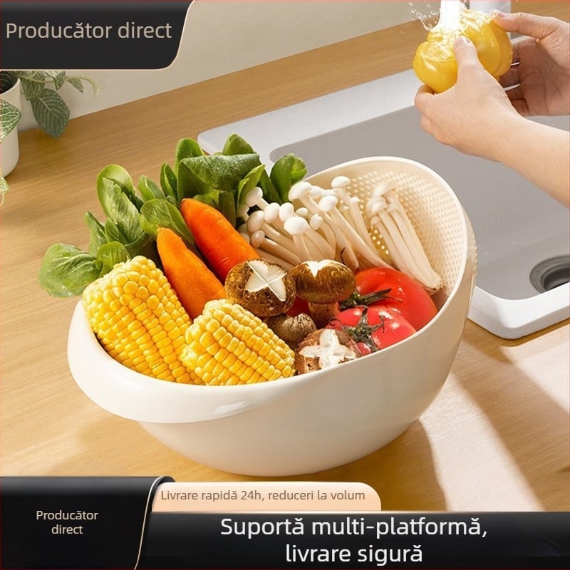 Coș dublu pentru spălarea și scurgerea orezului, cu găuri fine, ABS plastic, design modern pentru blat