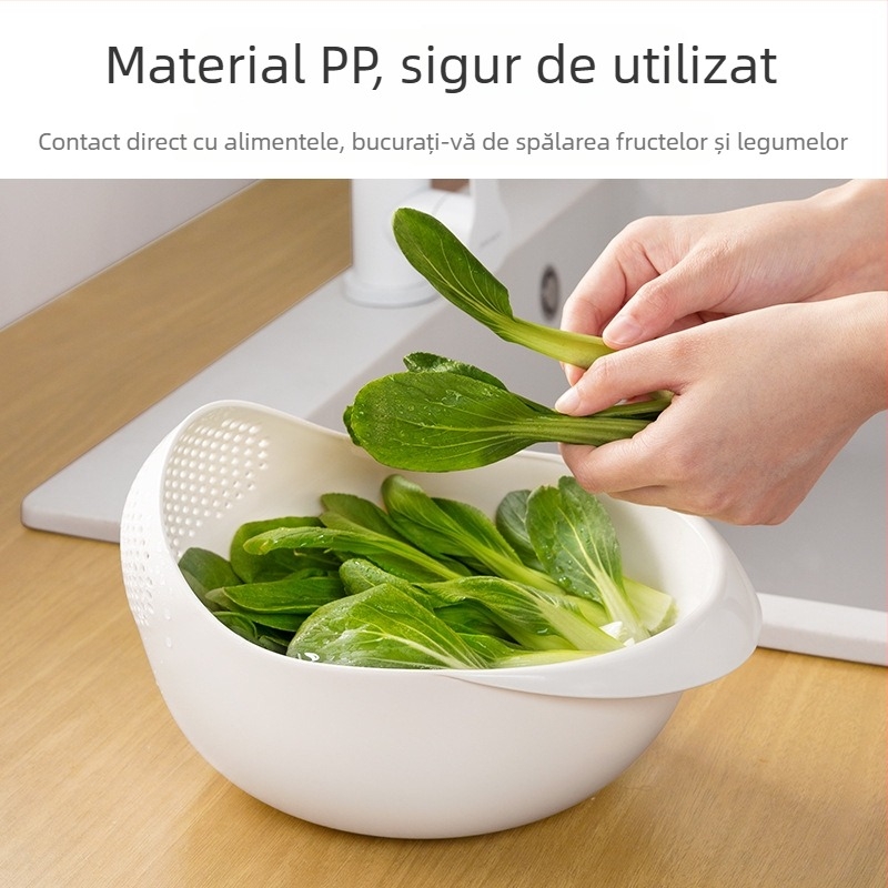 Coș dublu pentru spălarea și scurgerea orezului, cu găuri fine, ABS plastic, design modern pentru blat