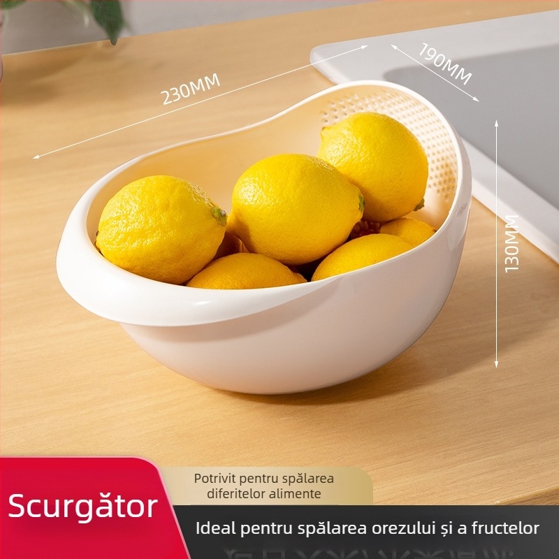 Coș dublu pentru spălarea și scurgerea orezului, cu găuri fine, ABS plastic, design modern pentru blat