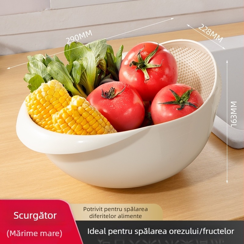 Coș dublu pentru spălarea și scurgerea orezului, cu găuri fine, ABS plastic, design modern pentru blat