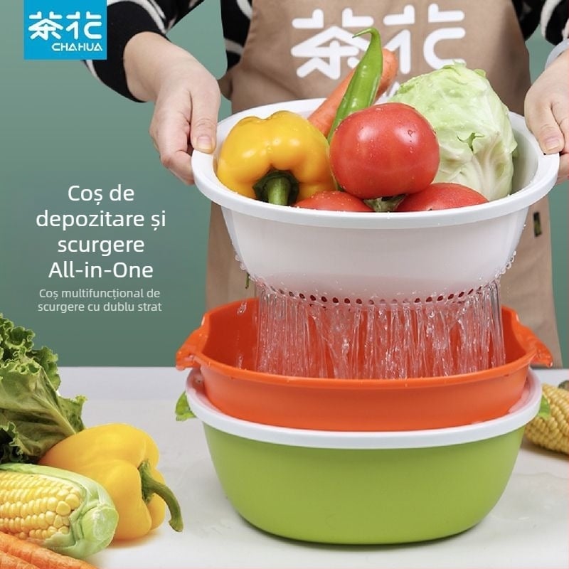 Camellia coș pliabil de scurgere pentru uz casnic, două niveluri pentru spălat fructe și legume, din plastic, pătrat și rotund, bucătărie și depozitare