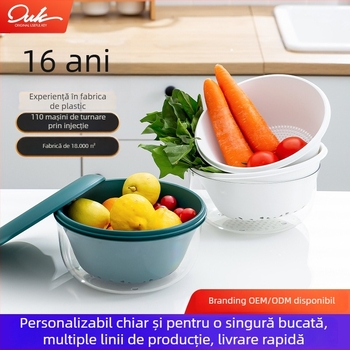 Coș de scurgere cu mai multe niveluri pentru bucătărie – spălarea legumelor și a fructelor, vas din plastic pentru spălat orez cu capac