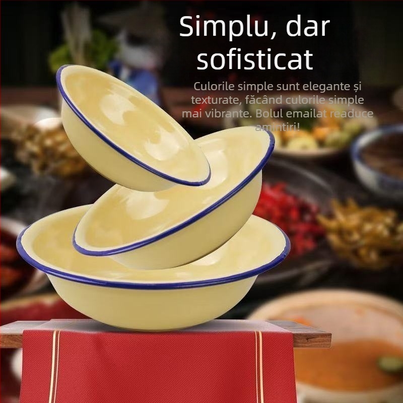 Vas de supă din email, margine groasă, stil vechi, mare pentru uz casnic