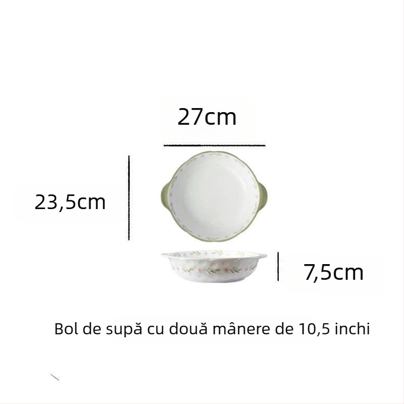 Bol mare de porțelan pentru pește murat, culoare sub glazură, bol de supă cu două mâneri, ceramică mare pentru pește fiert și cârnați din sânge