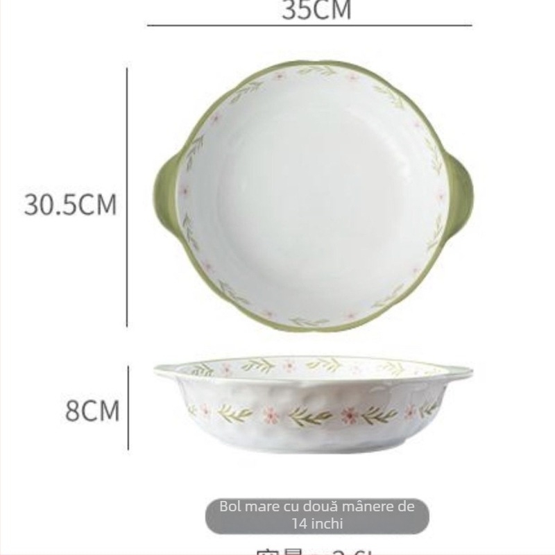 Bol mare de porțelan pentru pește murat, culoare sub glazură, bol de supă cu două mâneri, ceramică mare pentru pește fiert și cârnați din sânge