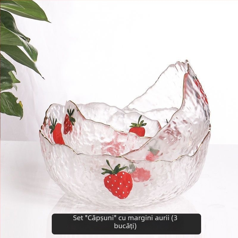 Bol de salată din sticlă transparentă, margine aurie, pictură manuală cu căpșună, mare, veselă de masă în stil japonez