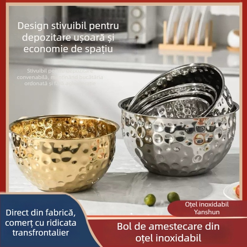 Bol din oțel inoxidabil ciocănit pentru salată, aluat, coacere, fructe, bucătărie de acasă