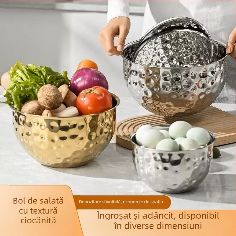 Bol din oțel inoxidabil ciocănit pentru salată, aluat, coacere, fructe, bucătărie de acasă