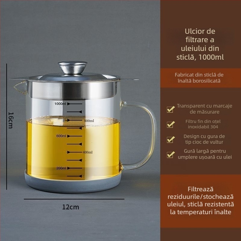 Recipient din sticlă pentru filtrarea uleiului cu capac, anti-scurgere, filtru pentru reziduuri de ulei, bucătărie de acasă