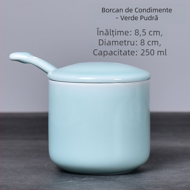 Set de 3 recipiente ceramice pentru condimente, cu capac și linguriță, în Celadon, pentru sare, MSG și zahăr alb