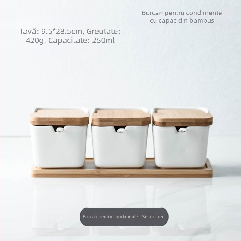 Set ceramic de borcanele pentru condimente cu capac și tavă, recipiente pătrate pentru ulei, sare, zahăr și ardei iuți