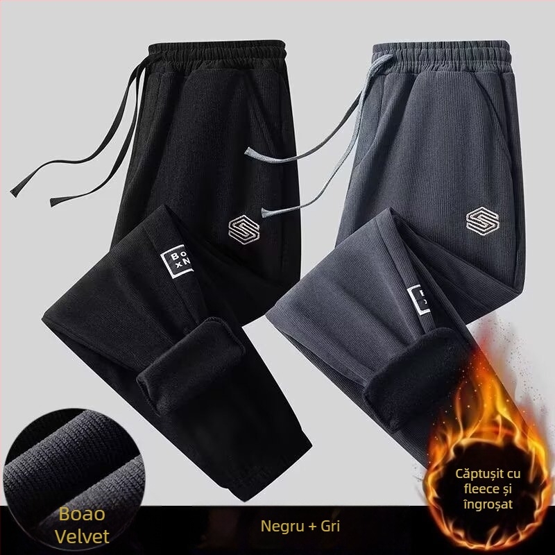 Pantaloni casual bărbați corduroy, căptuți cu fleece, croială lejeră, talie cu șiret, manșete la gleznă înguste, toamnă–iarna 2024