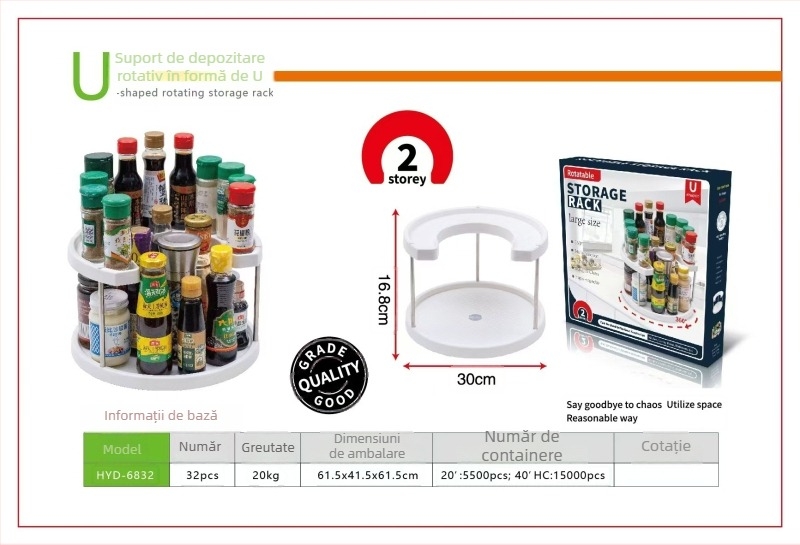 Raft rotativ pentru condimente, pe blat bucătărie; spațiu de depozitare versatil pentru sticle de sare și sos de soia, condimente și produse de curățenie - 360°