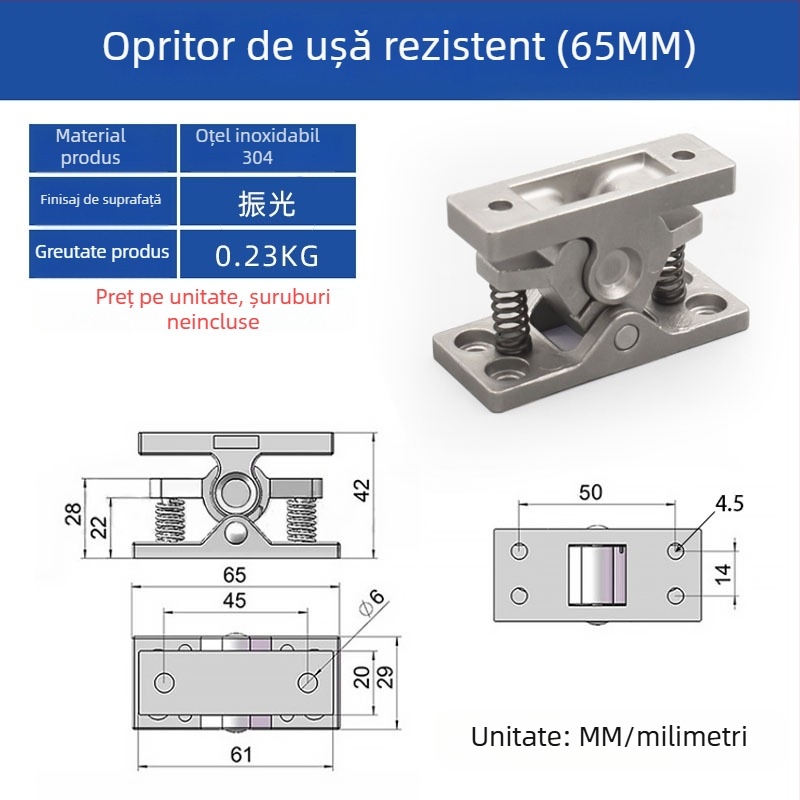 Mărgele tampon ușă, 65 mm, din oțel inoxidabil 304, montaj cu clips DK-101, stil modern minimalist