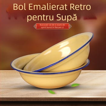 Bol din email vechi pentru uz casnic — bol rotund pentru supă și orez, margine curbată, galben