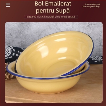 Bol din email vechi pentru uz casnic — bol rotund pentru supă și orez, margine curbată, galben