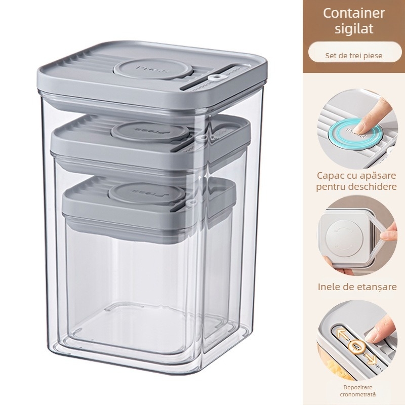 Containere pentru bucătărie din PET transparente, pătrate, set de 3 piese, cu sigiliu etanș, capacitate extra mare