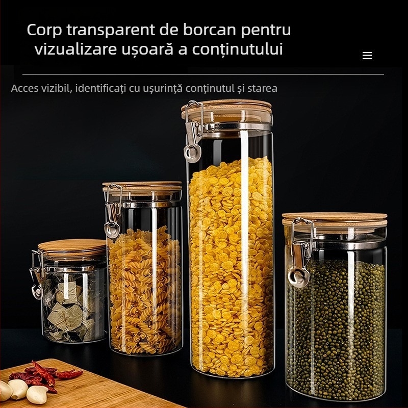 Borcan din sticlă transparent cu clemă, pentru bucătărie – depozitare cereale, nuci, gustări și boabe de cafea