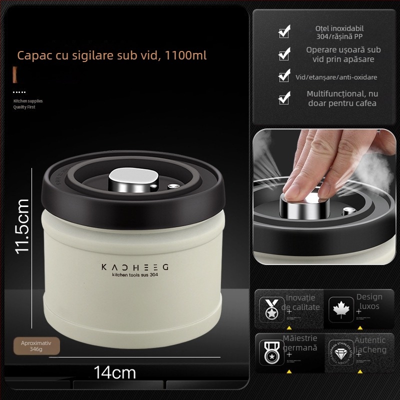 Recipient vacuum cu închidere prin apăsare din oțel inoxidabil 304 pentru cafea boabe, ceai și fructe uscate