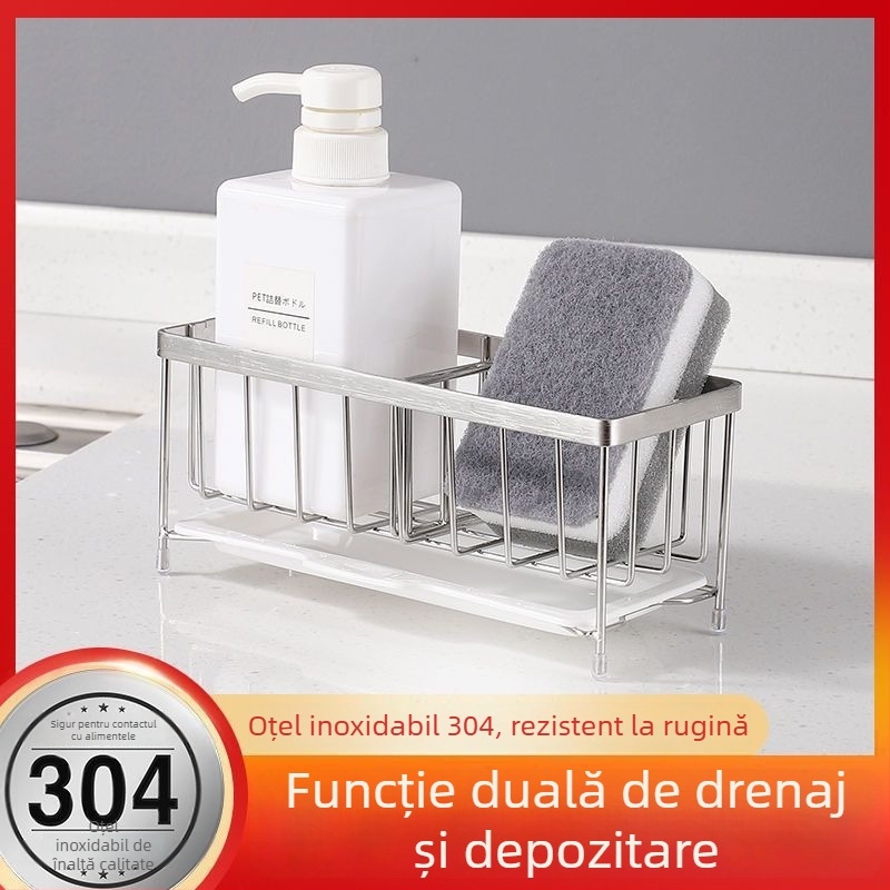Coș de scurgere din oțel inoxidabil 304 pentru blat de bucătărie, fără găuri, recipient multifuncțional pentru condimente, organizator pentru detergenți și cârpe de curățat Tong'An Painting