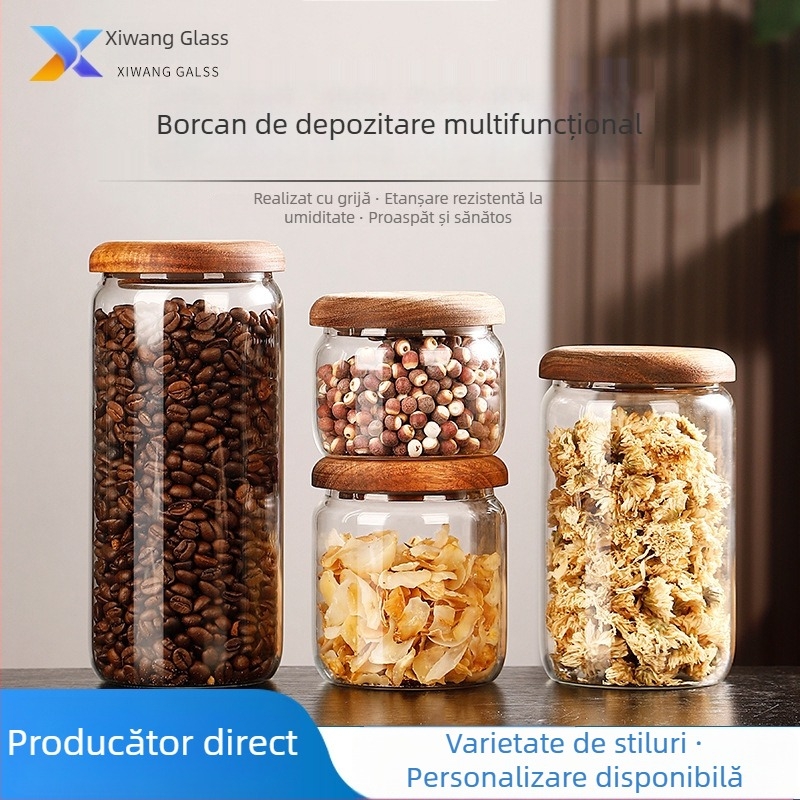 Recipient din sticlă borosilicată, etanș cu capac din lemn, pentru depozitare în bucătărie: fructe uscate, gustări, condimente și dulceață