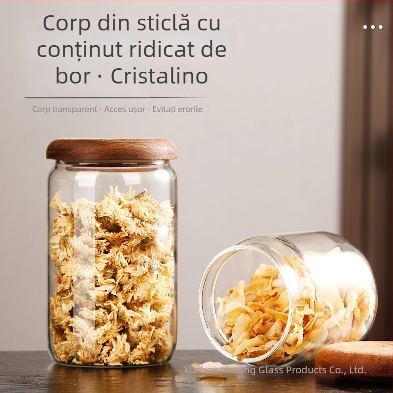Recipient din sticlă borosilicată, etanș cu capac din lemn, pentru depozitare în bucătărie: fructe uscate, gustări, condimente și dulceață