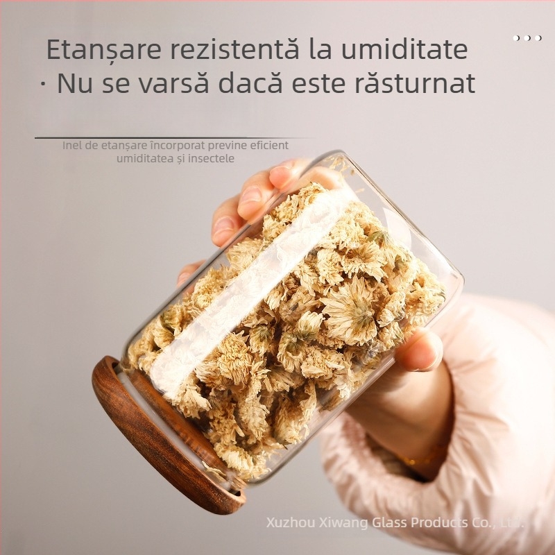 Recipient din sticlă borosilicată, etanș cu capac din lemn, pentru depozitare în bucătărie: fructe uscate, gustări, condimente și dulceață