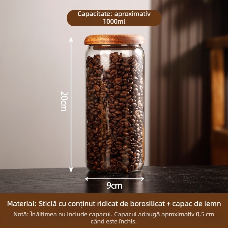Recipient din sticlă borosilicată, etanș cu capac din lemn, pentru depozitare în bucătărie: fructe uscate, gustări, condimente și dulceață