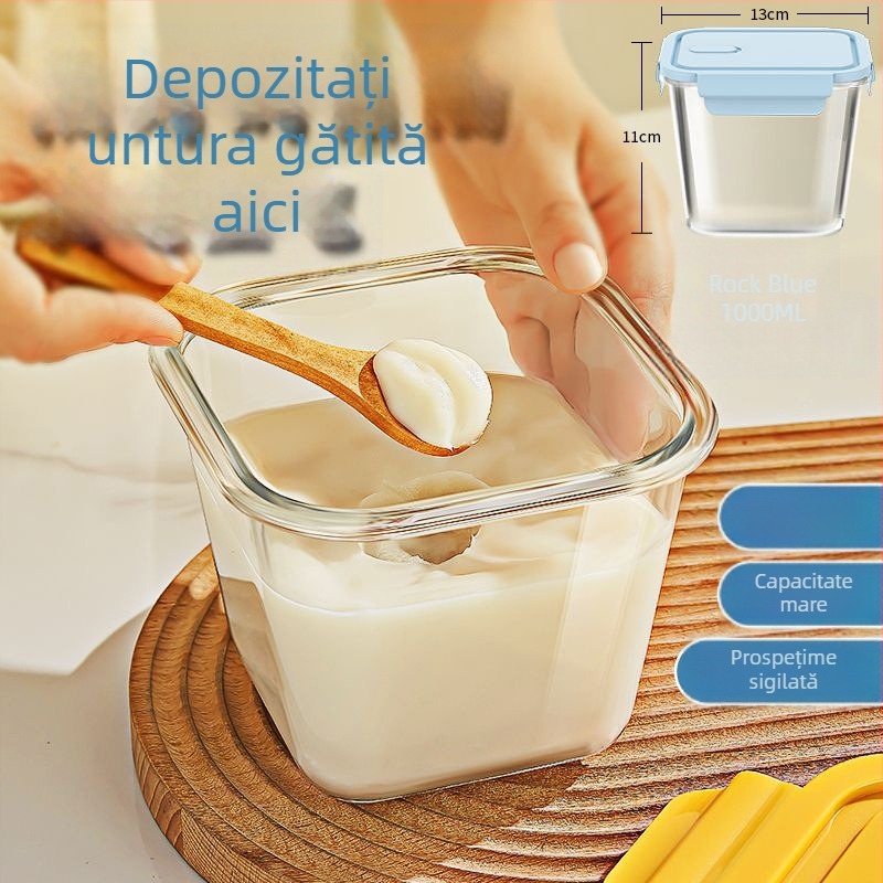 Recipient sigilat din sticlă pentru depozitarea grăsimii de porc, cu capac, pentru bucătărie de acasă, frigider, capacitate mare, sticlă borosilikat rezistentă la temperaturi, 2,1–3 L